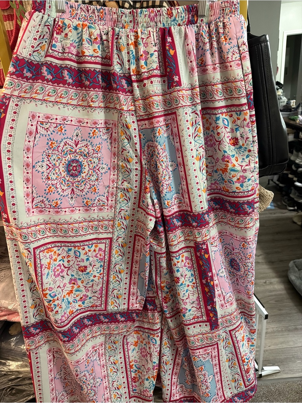 EASEL 2X Boho Patchwork Wide-Leg Pants in Pink Floral Print